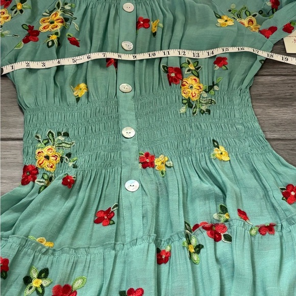 Anthropologie Fig and Flower Aqua Floral Embroidered Maxi Dress Button Front - Picture 10 of 12